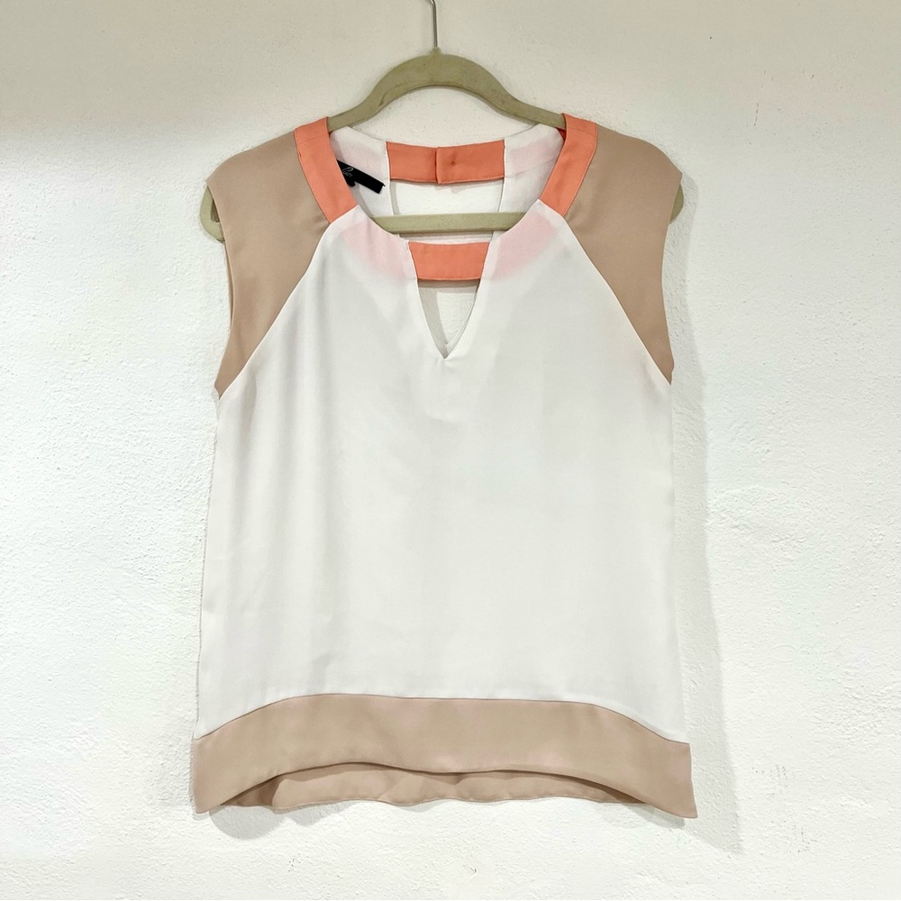 C. Luce White, Tan, and Peach Blouse, size M